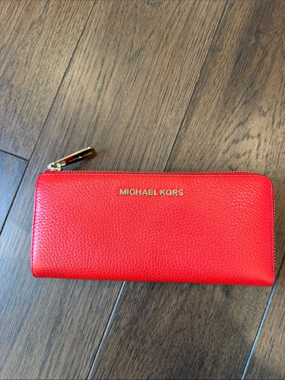 Michael Kors Red Pebbled Leather Zip Around Wallet with Gold Logo - C74-003